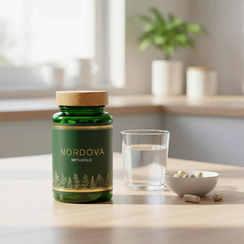 Nordova Metabolic Glasflasche auf einem Frühstückstisch neben einem Glas Wasser und Mandeln